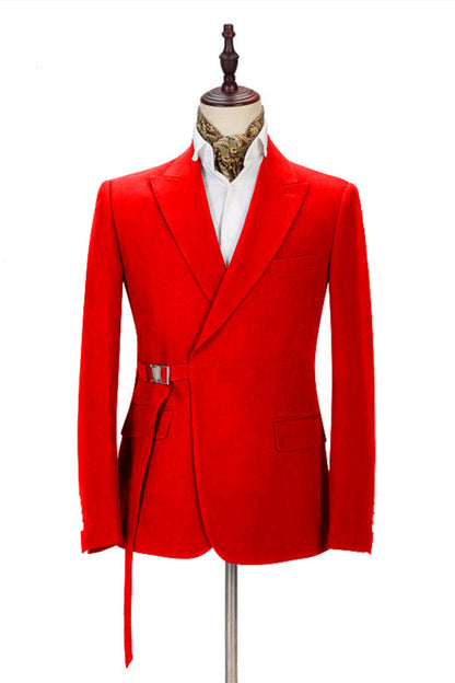 Passionate Bright Red Peak Lapel Buckle Button Men's Suit for Prom