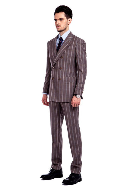 Peak Lapel Plaid Double Breasted Premium Mens Suits with Flap Pocket