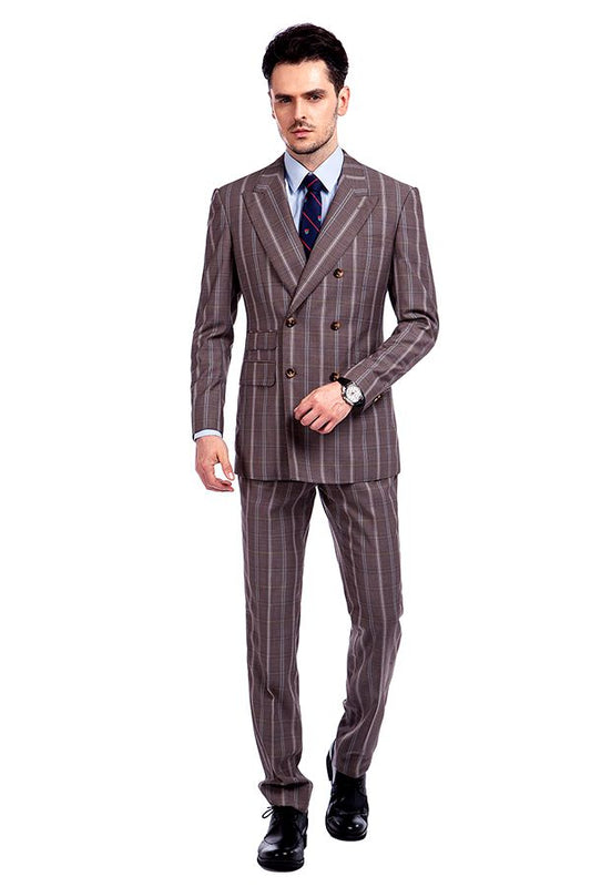 Peak Lapel Plaid Double Breasted Premium Mens Suits with Flap Pocket