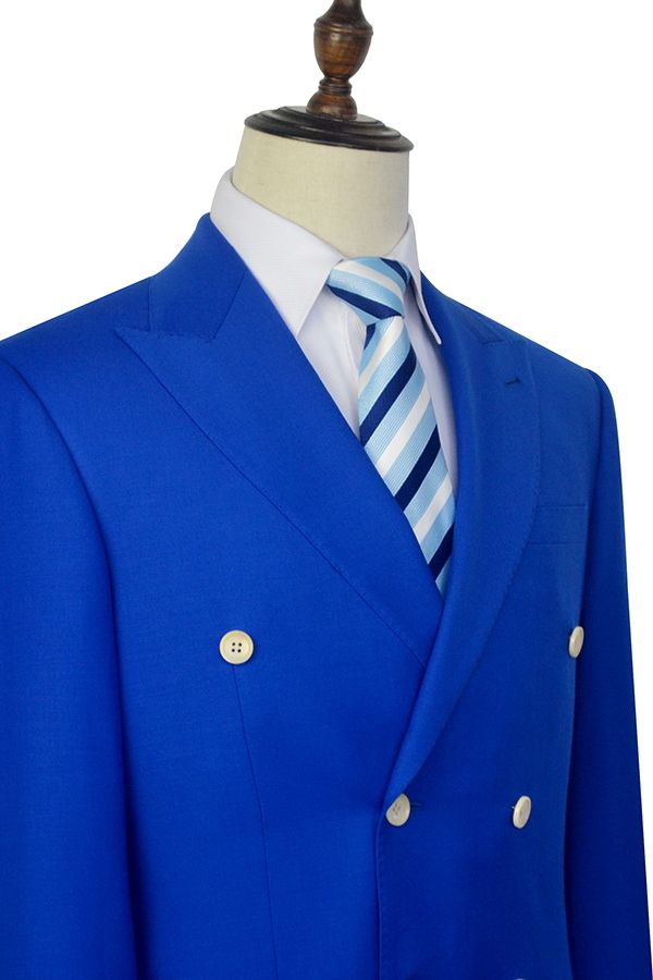 Peak Lapel Royal Blue Double Breasted Mens Suits Six Buttons