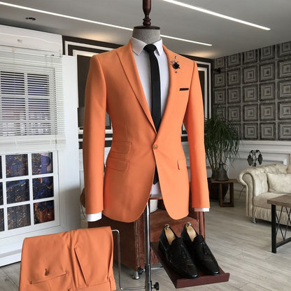 Orange Peaked Lapel 3 Flaps Slim Fit Prom Suits