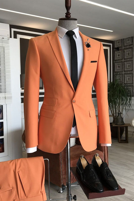 Orange Peaked Lapel 3 Flaps Slim Fit Prom Suits