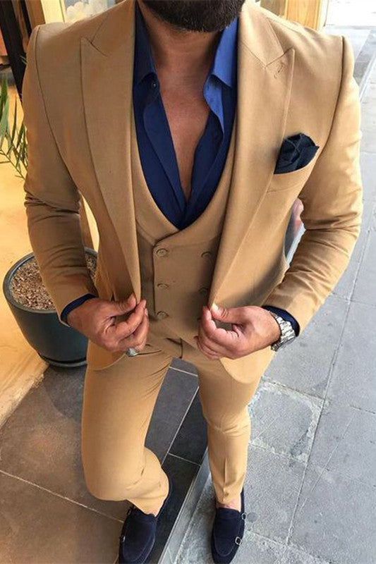 Peaked Lapel 3-piece Men's Suit in Khaki
