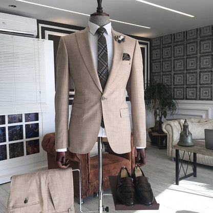 Khaki Peaked Lapel Single Breasted Slim Fit Men Suits For Prom