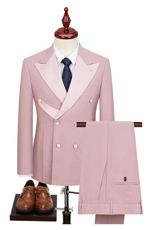 2 Piece Double Breasted Peaked Lapel Men Suits Pink/Navy Blue