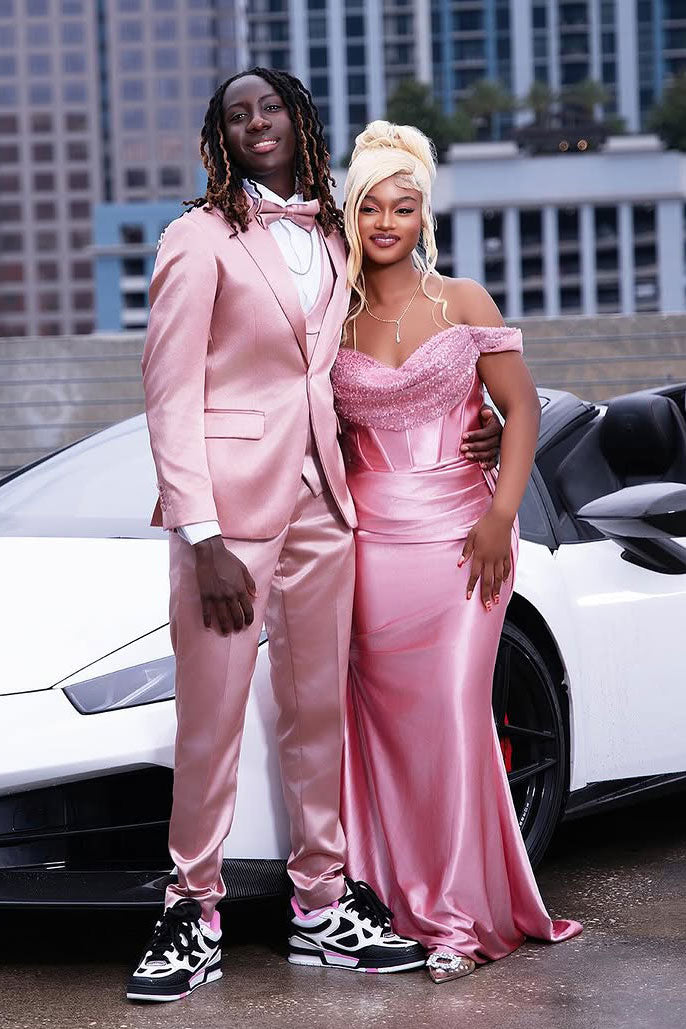 Pink Satin 3-piece Suit with Beaded Applique