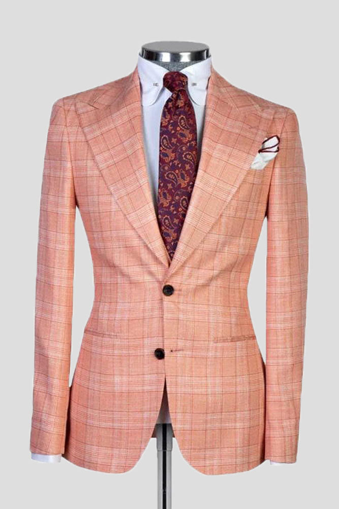 Orange Plaid Peak Lapel Single Breasted 3-piece Suit