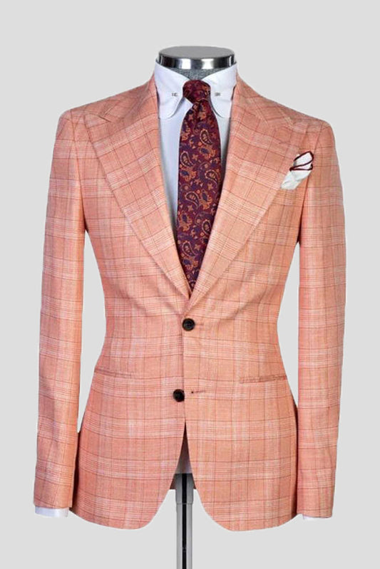 Orange Plaid Peak Lapel Single Breasted 3-piece Suit