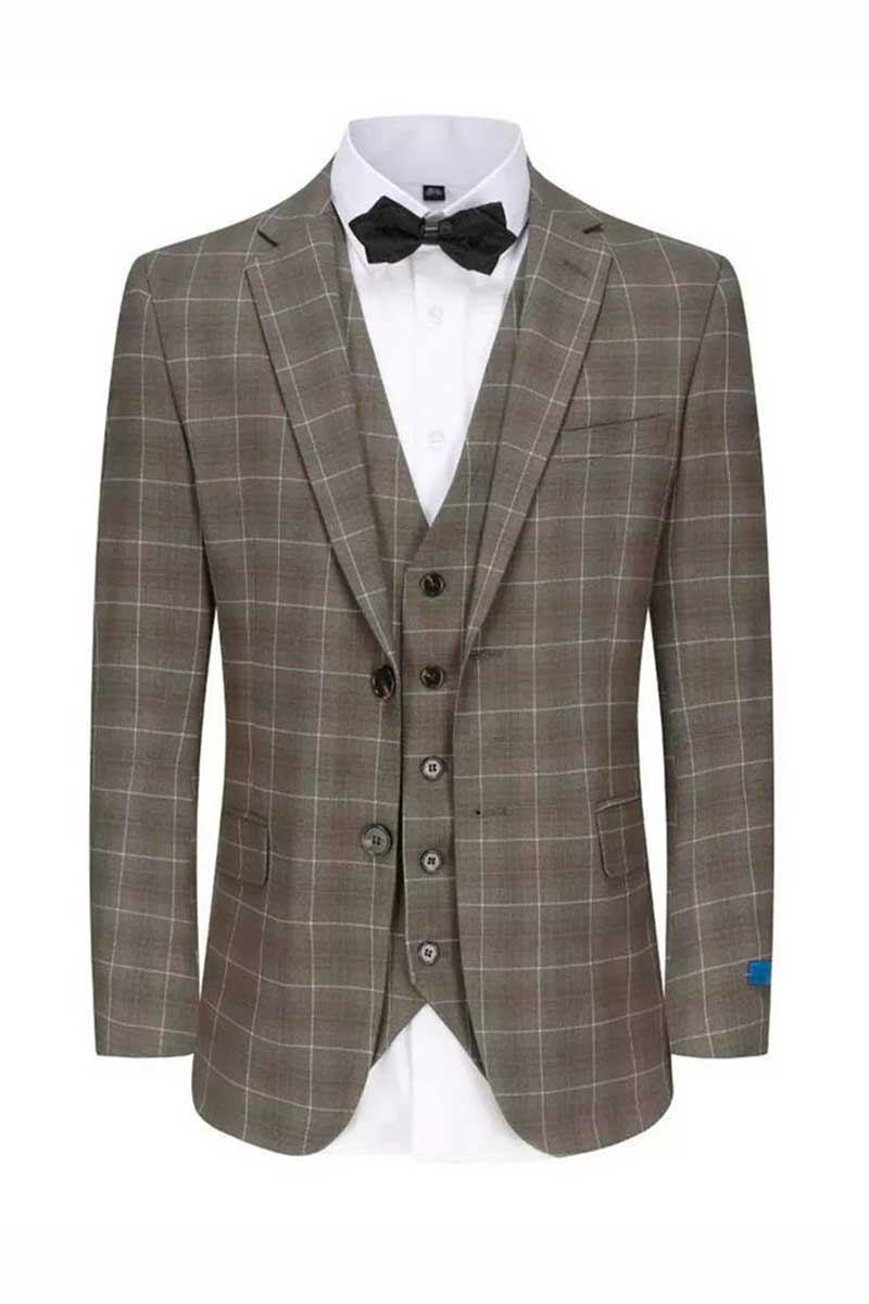 Taupe 3 Piece Elegant Plaid Suit