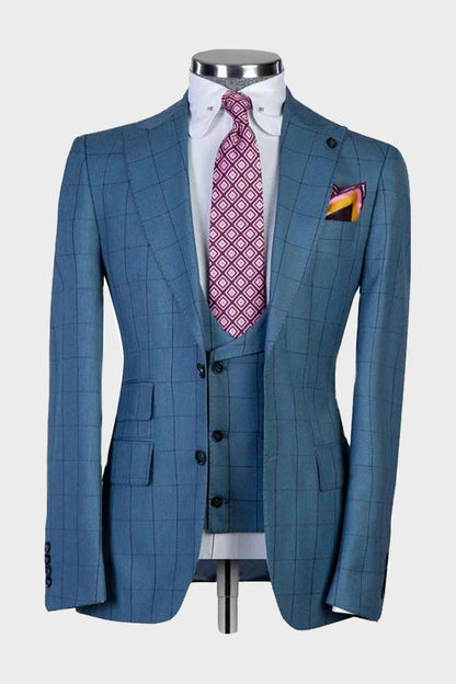 Blue Peak Lapel Single Breasted Plaid Suit