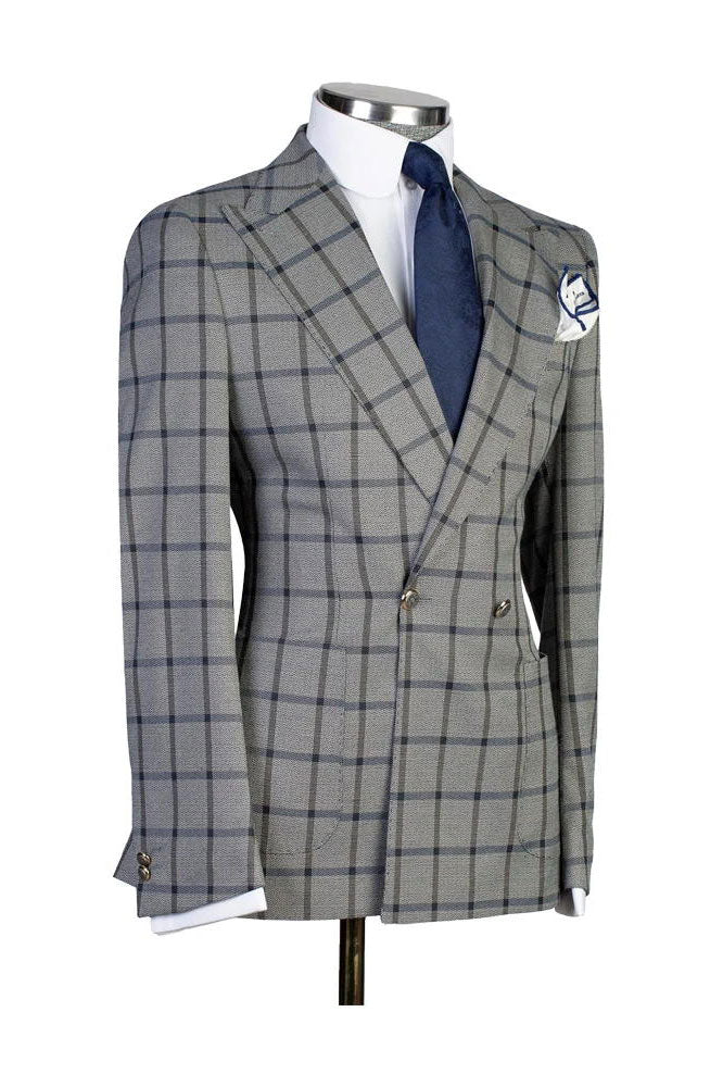 Gray 2 Piece Chic Windowpane Peak Lapel Suit