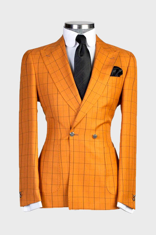 Orange 2 Piece Chic Plaid Peak Lapel Suits
