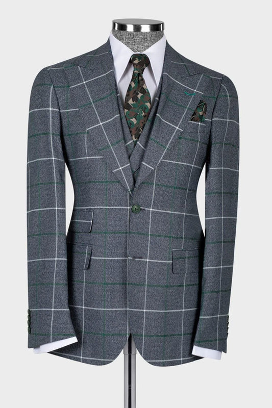 Men's Plaid 3-piece Suit in Gray