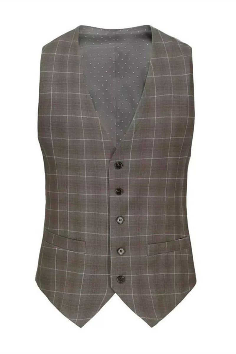 Taupe 3 Piece Elegant Plaid Suit