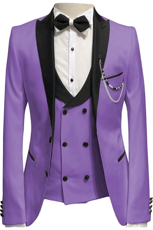 Purple 3-Pieces Slim Fit Prom Suits with Black Peaked Lapel