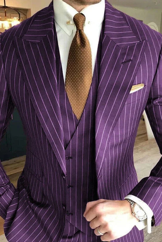 Purple Striped Peaked Lapel 3-piece Men Suit