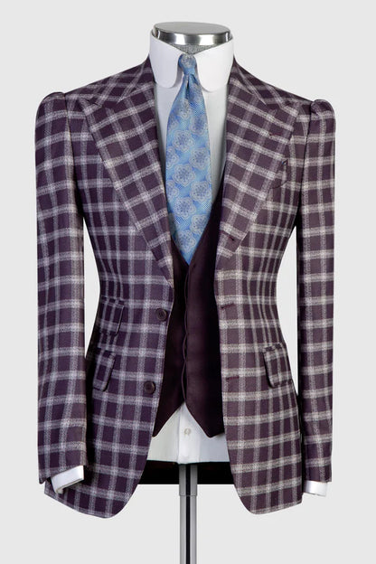 Purple Single-breasted 3-piece Peak Lapel Plaid Suit