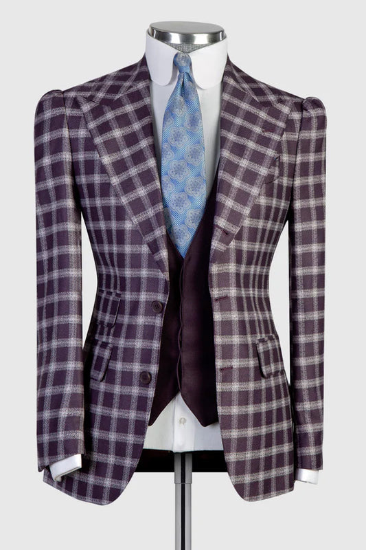 Purple Single-breasted 3-piece Peak Lapel Plaid Suit