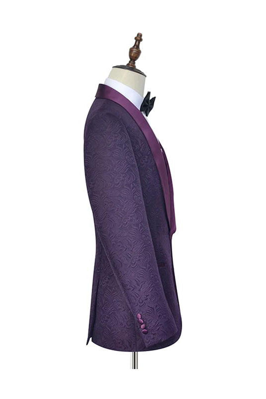 Dark Purple Jacquard One Button Shawl Lapel Tuxedo