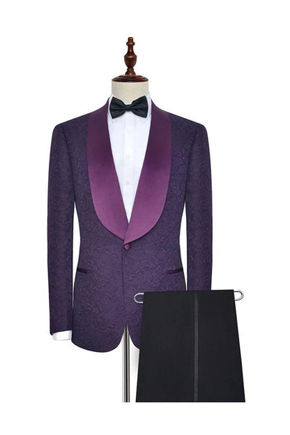 Dark Purple Jacquard One Button Shawl Lapel Tuxedo
