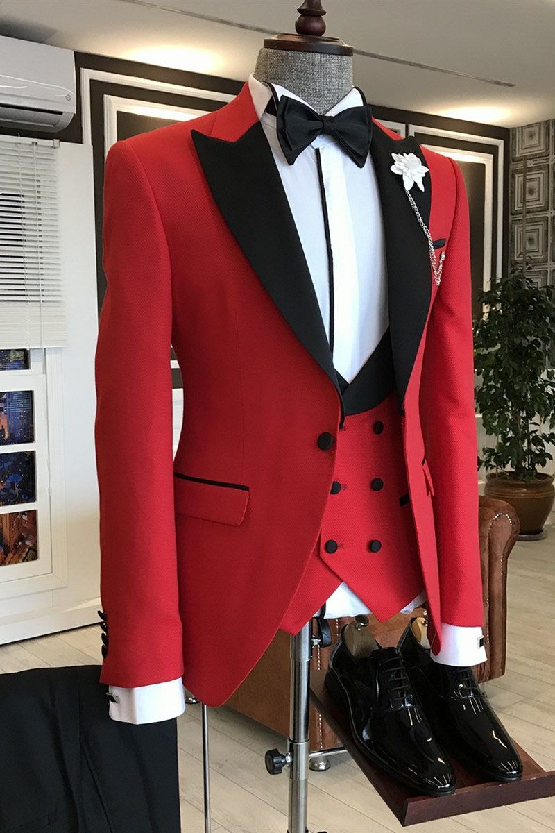 Red 3-Pieces Black Peaked Lapel Single Breasted Prom Suits for Men