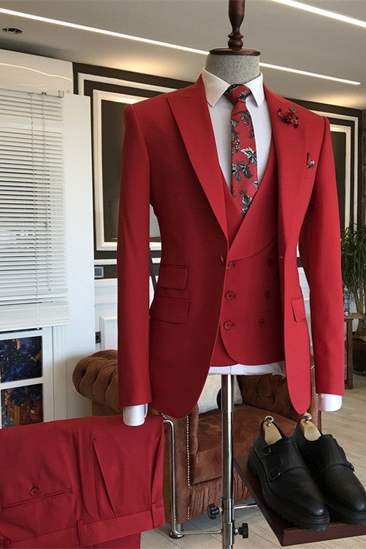 Red Bespoke Three Pieces Peaked Lapel Men Prom Suits