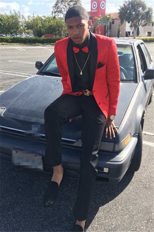 Red Jacquard Shawl Lapel Prom Party Suit