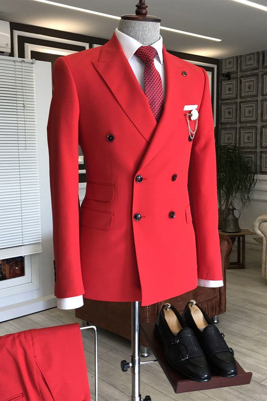 Red Peaked Lapel Double Breasted Bespoke Slim Fit Men Prom Suits