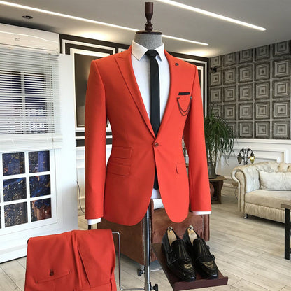 Orange Red Peaked Lapel One Button Slim Fit Dinner Party Suits