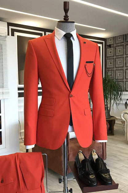 Orange Red Peaked Lapel One Button Slim Fit Dinner Party Suits