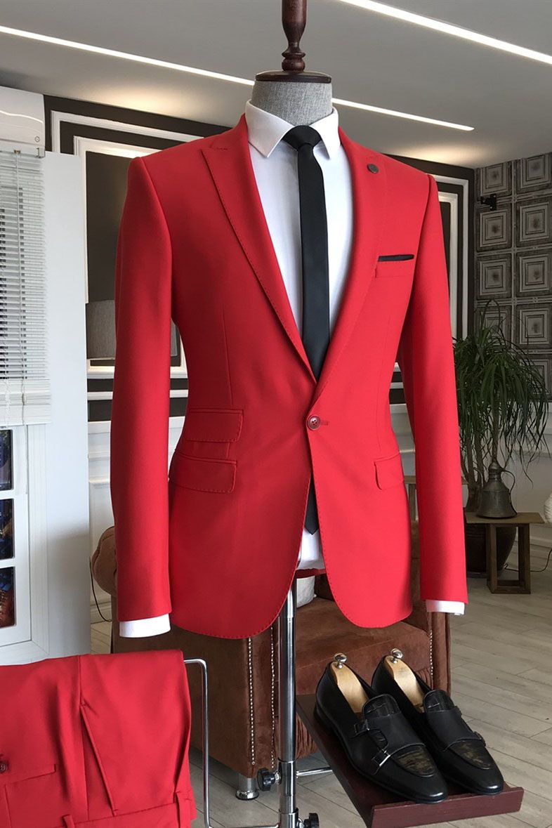 Red Peaked Lapel Slim Fit Bespoke Men Prom Suits