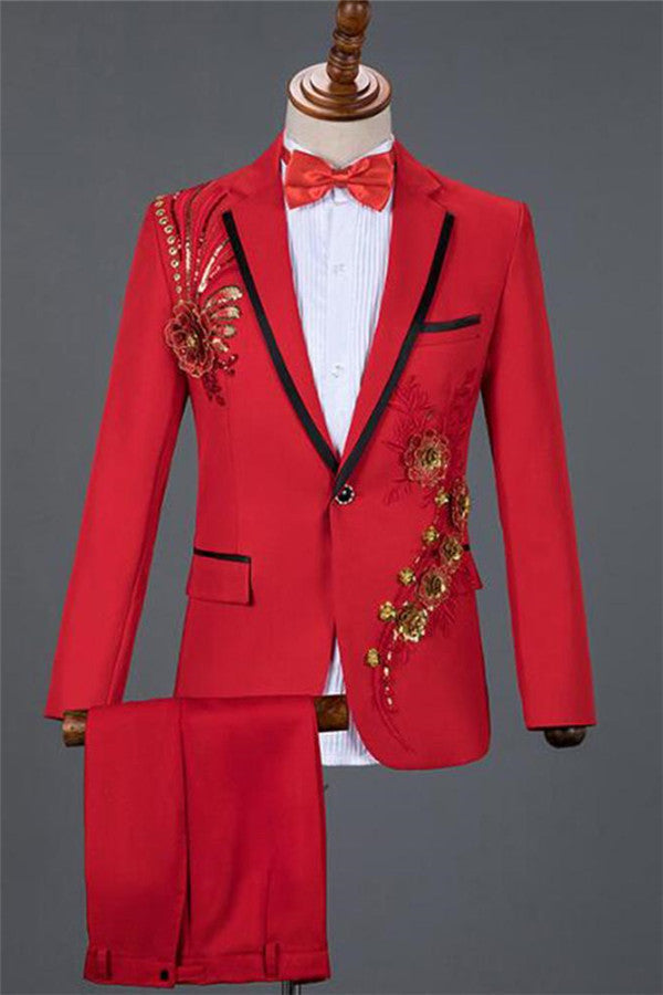 Red Sequin Floral Single Breasted Men's Tuxedo Designer One Button Outfits