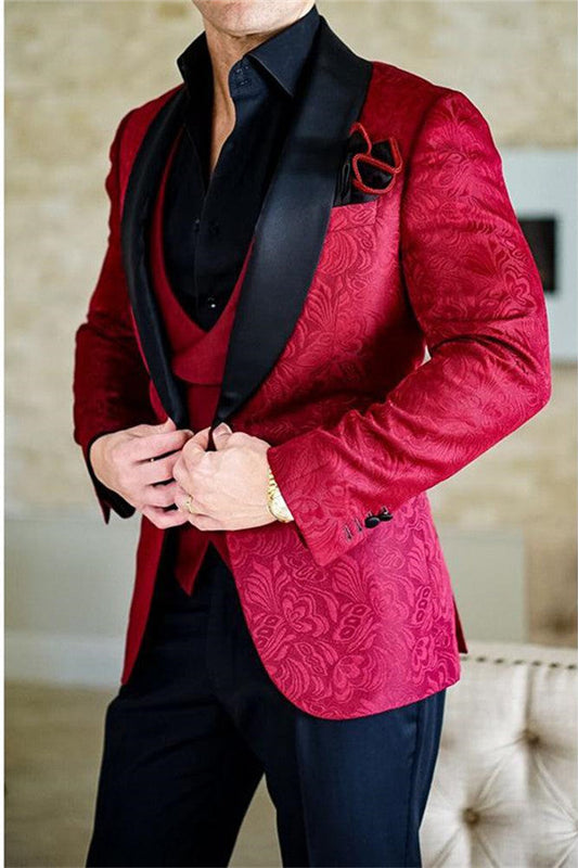 Red Shawl Lapel Jacquard Tuxedo 3-piece Suit