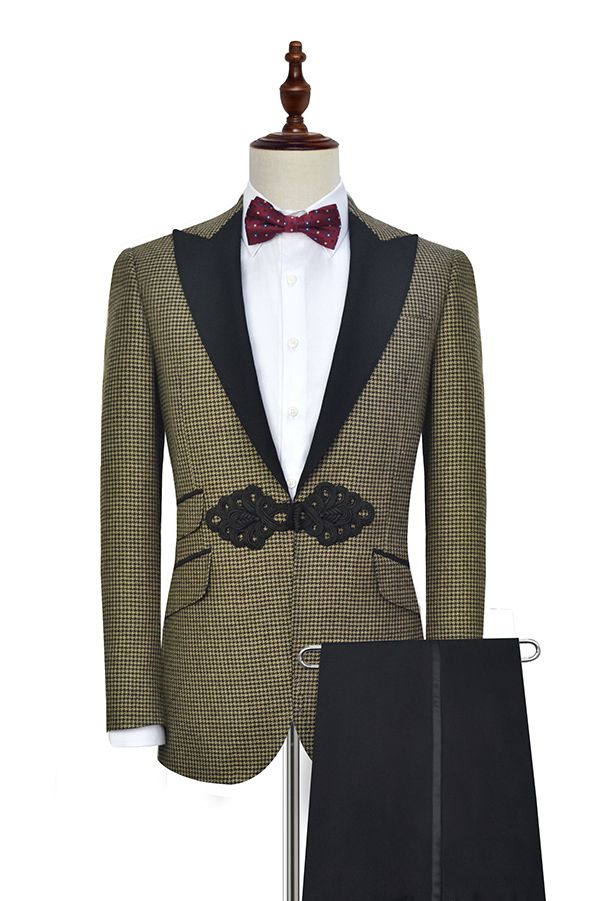 Retro Small Checked Marriage Suits Knitted Button Black Peak Lapel Wedding Suit