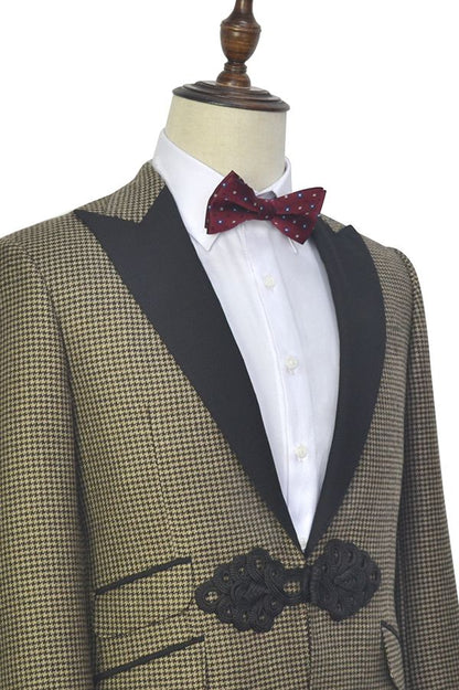 Retro Small Checked Marriage Suits Knitted Button Black Peak Lapel Wedding Suit