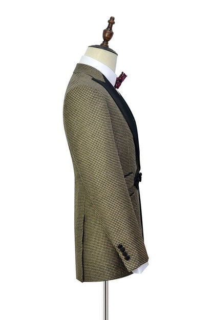 Retro Small Checked Marriage Suits Knitted Button Black Peak Lapel Wedding Suit