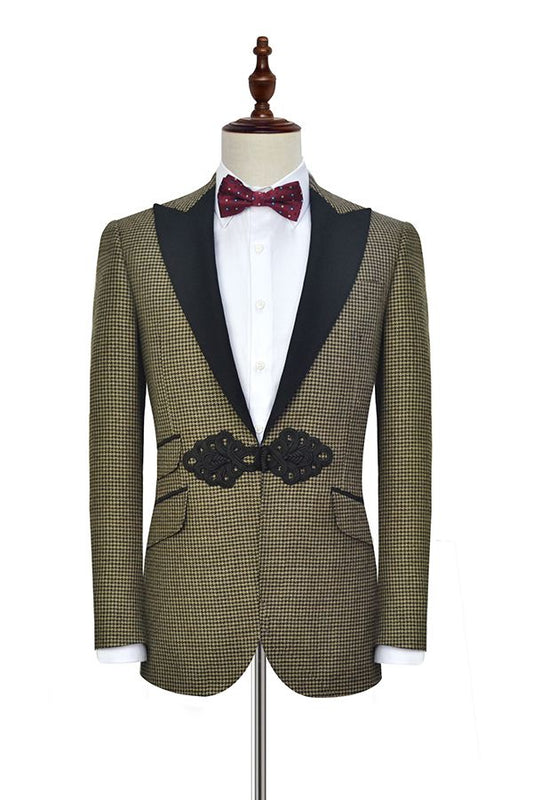 Retro Small Checked Marriage Suits Knitted Button Black Peak Lapel Wedding Suit