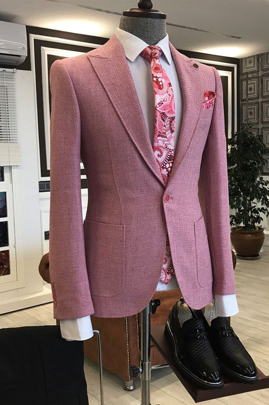 Rock Pink Peaked Lapel One Button Slim Fit Men Prom Suits