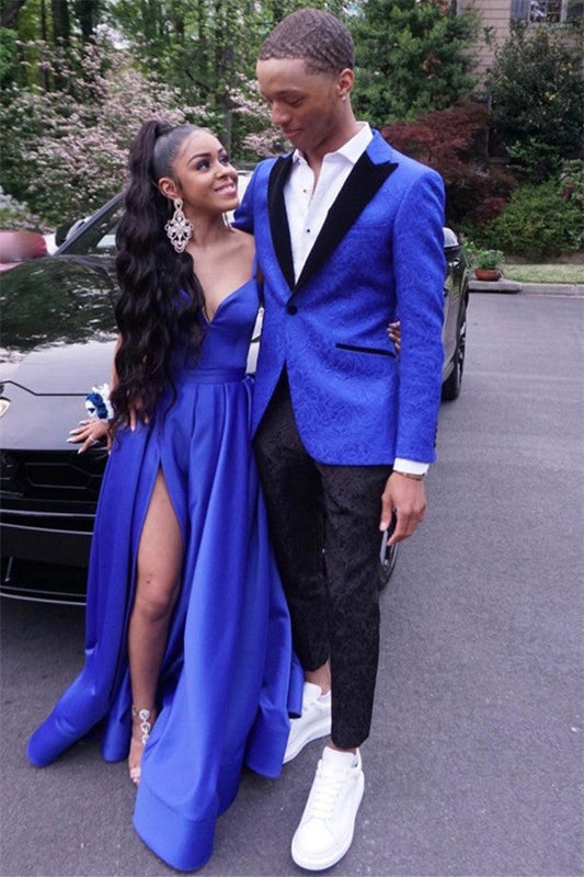 Royal Blue Jacquard One Button Prom Suit