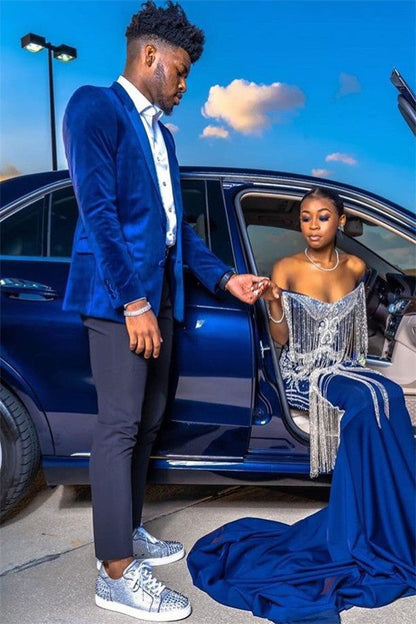 Royal Blue Velvet Prom Outfits Chic Peaked Laple Men Suit