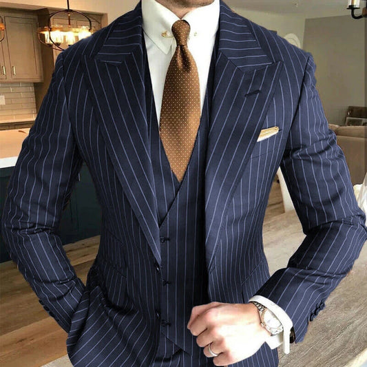 Blue Striped Peaked Lapel 3-piece Men Suit