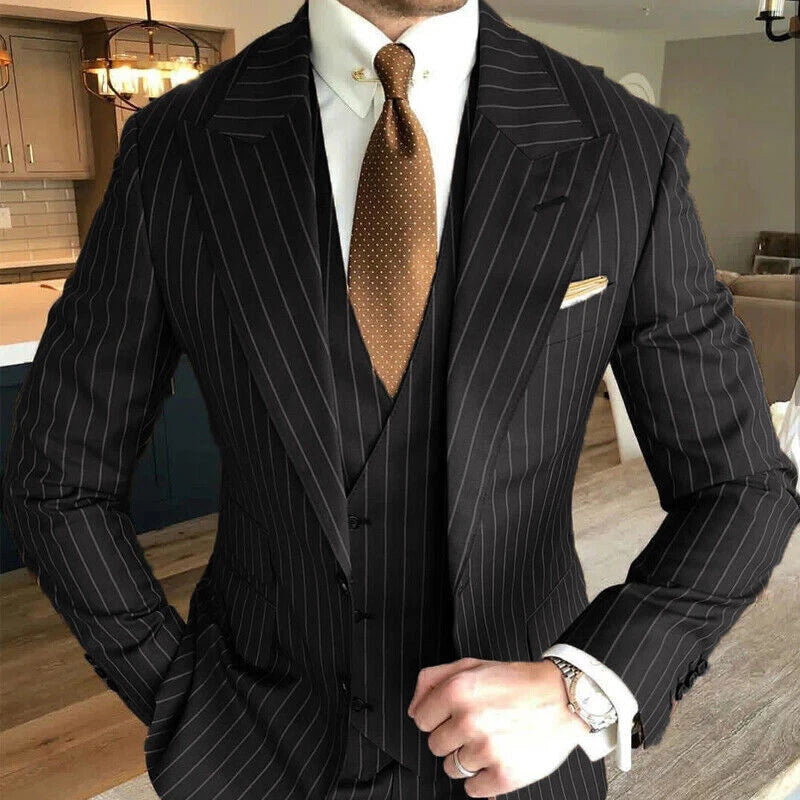 Black Striped Peaked Lapel Three Piece Wedding Suits