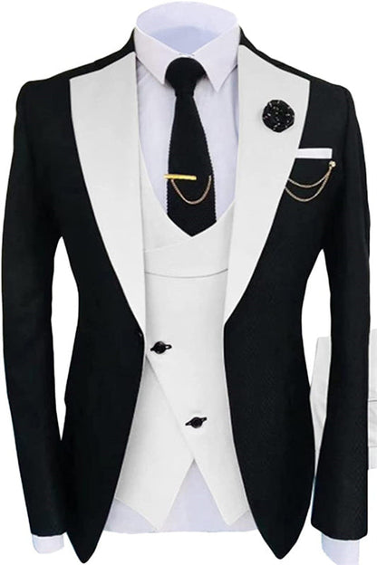 Simple White Shawl Lapel Three Pieces Black Prom Suits One Button Wedding Suit