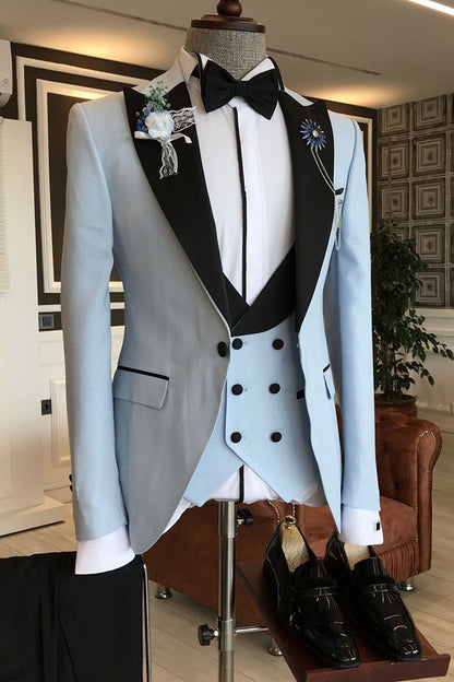 Sky Blue 3-Pieces Black Peaked Lapel Slim Fit Men Prom Suits