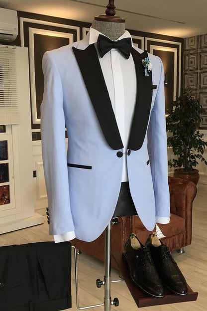 Sky Blue One Button Slim Fit Men Suits Black Peaked Lapel