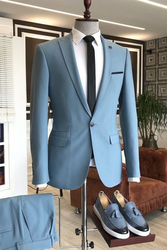 Sky Blue Peaked Lapel 3 Flaps Mens Prom Outfits Business Suits