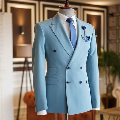 Sky Blue Peaked Lapel Double Breasted Bespoke Men Prom Suits