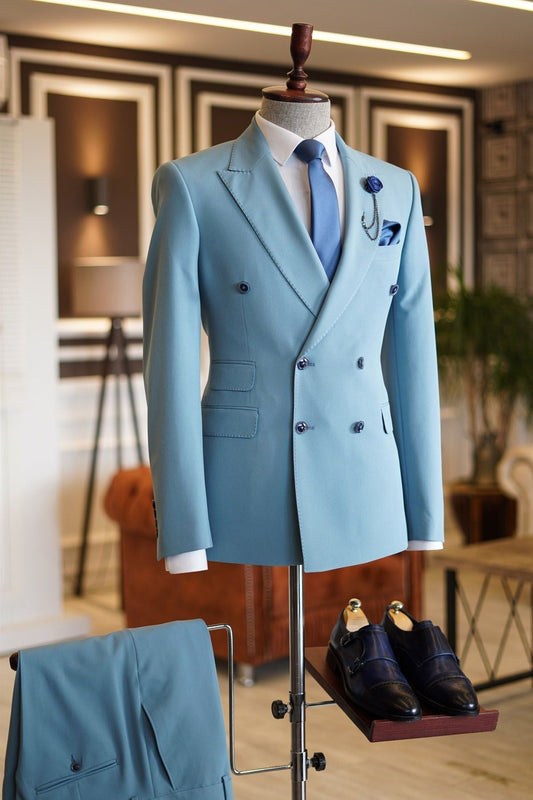 Sky Blue Peaked Lapel Double Breasted Bespoke Men Prom Suits