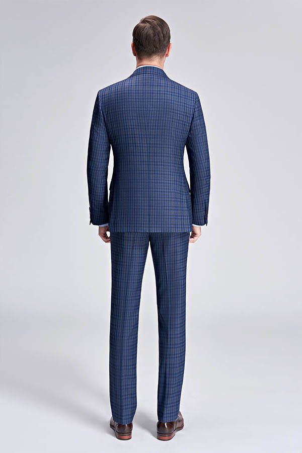 Small Checked Pattern Gentle Mens Suits Peak Lapel Blue Suits for Men