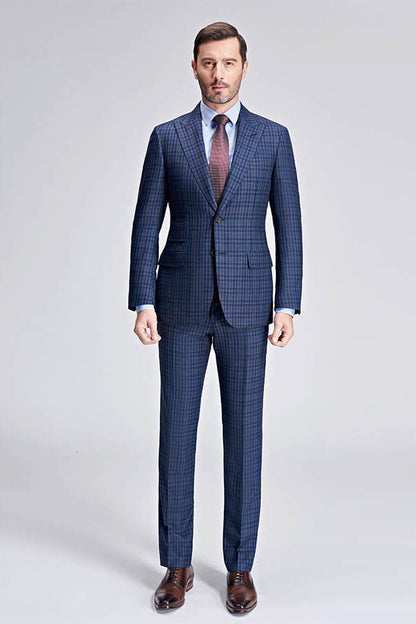 Small Checked Pattern Gentle Mens Suits Peak Lapel Blue Suits for Men